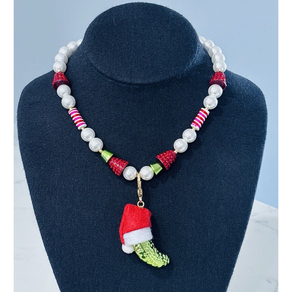 Betsey Johnson Christmas Necklace Pickle Faux Pearl Beaded Rhinestone Whimsy NEW